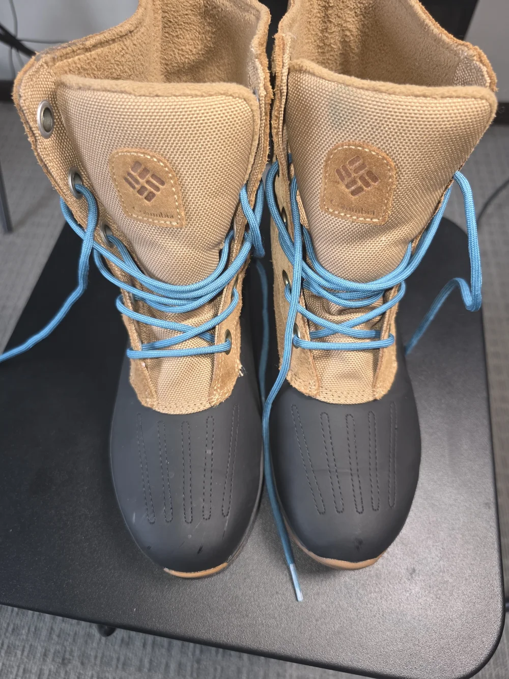 Kids Waterproof Winter Boots in Brown and Black with Blue Laces